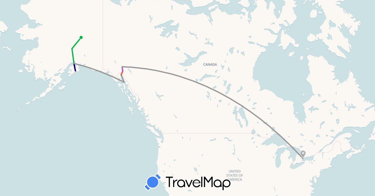 TravelMap itinerary: driving, bus, plane, train, hiking in Canada, United States (North America)